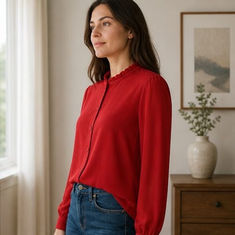 Red Ruffle Collar Blouse - Picture 3 of 6